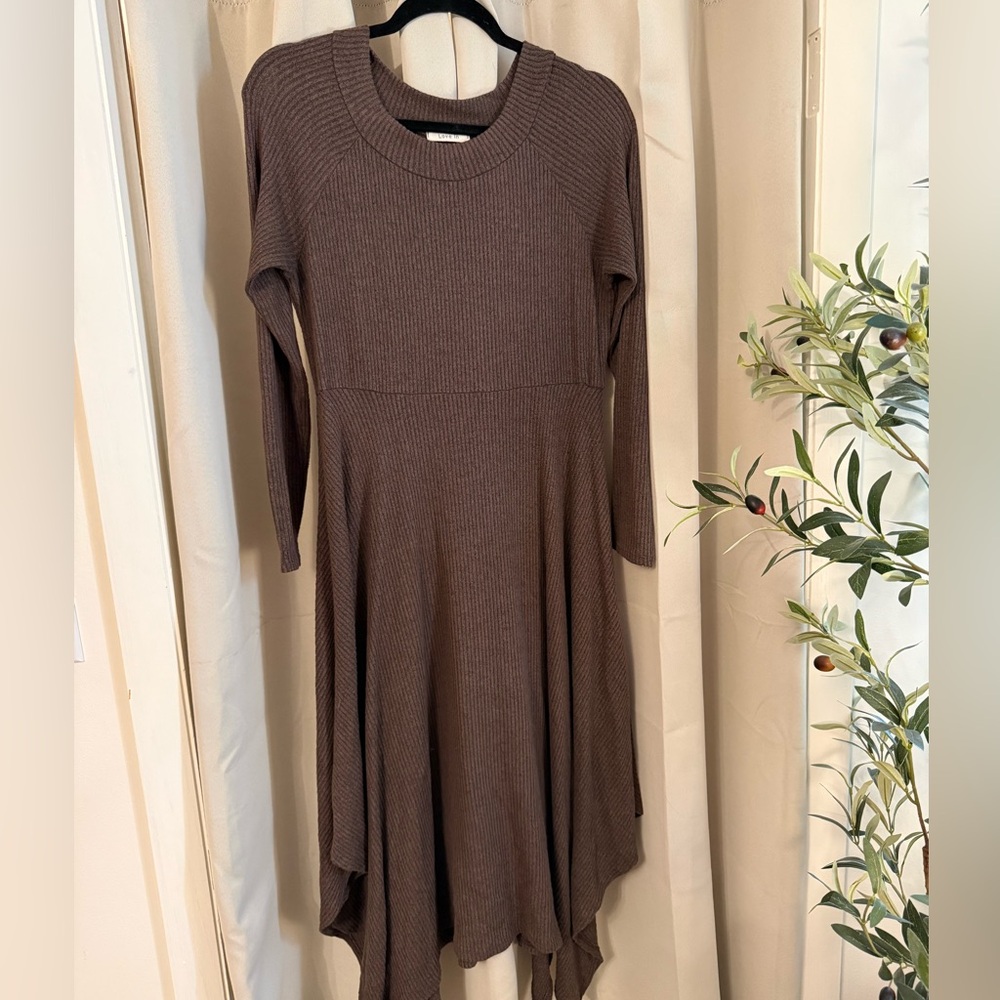 Asymmetrical hem Love in Brown Ribbed Long Sleeve Fit-and-Flare Dress